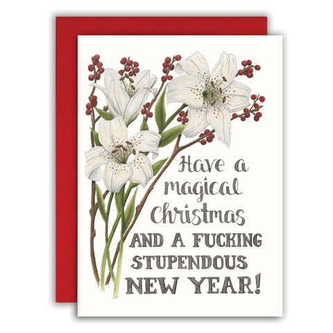 Funny Christmas card with white lily flowers