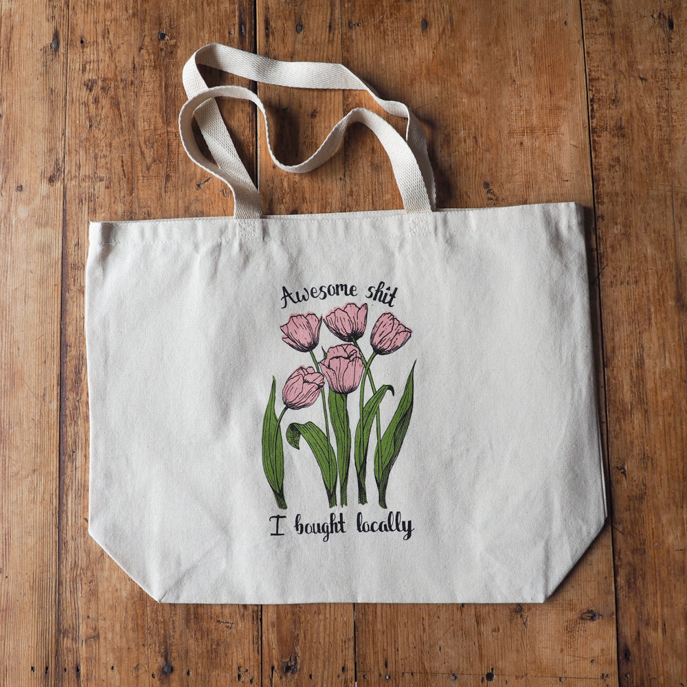 Awesome Shit I bought locally tote bag with pink tulips