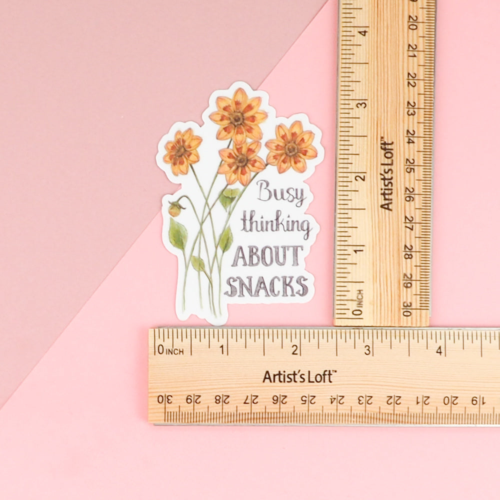 Busy thinking about snacks sticker with measurements