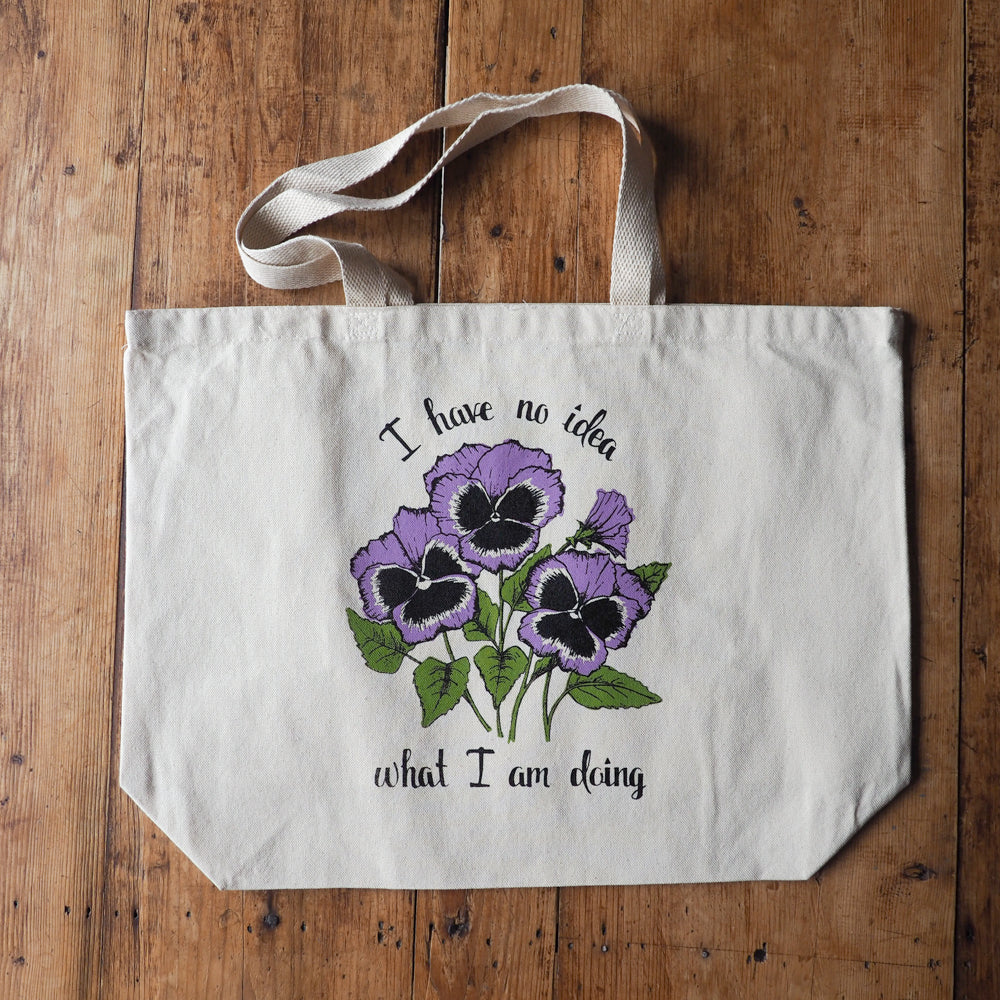 I have no idea what I am doing tote bag with purple pansies
